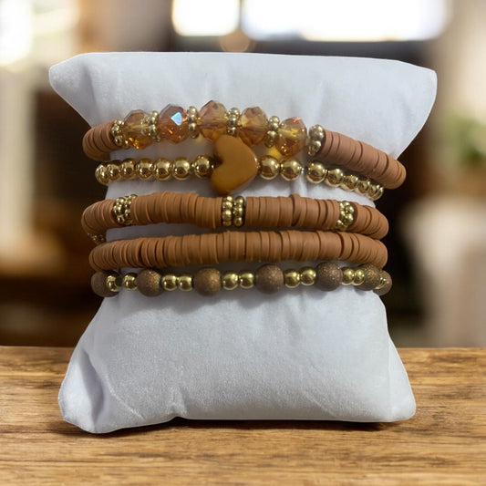 Elegant Brown & Gold 5-Stack Polymer Clay Bracelet Set