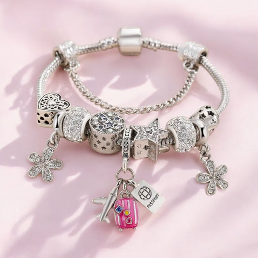 Travel-Themed Charm Bracelet with Sparkling Accents