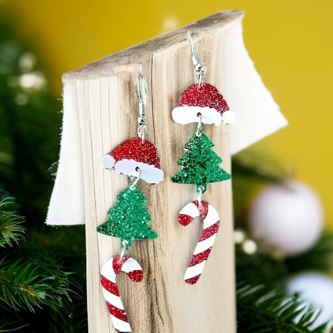 Santa’s Sparkle Holiday Dangle Earrings 🎅🎄🍭