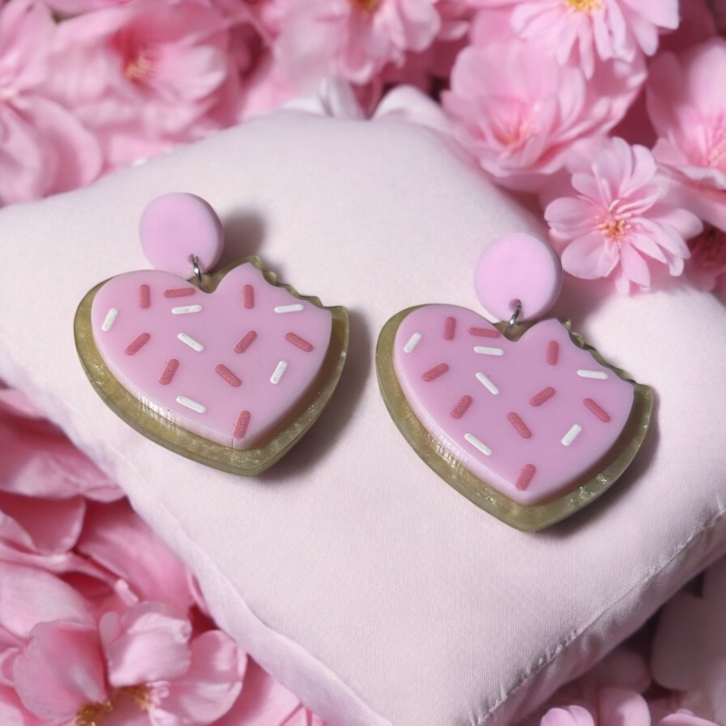 Pink Frosted Cookie Heart Earrings