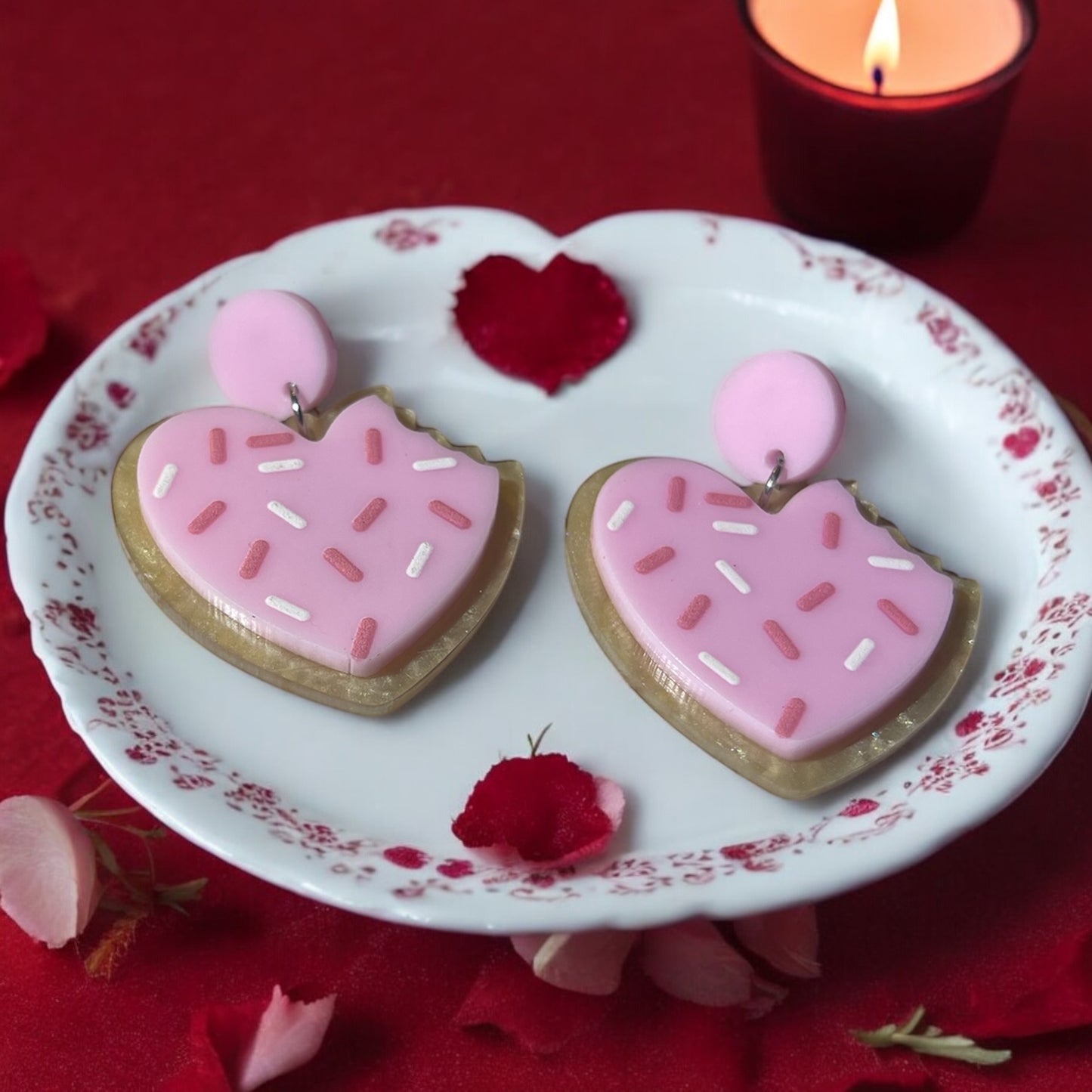 Pink Frosted Cookie Heart Earrings