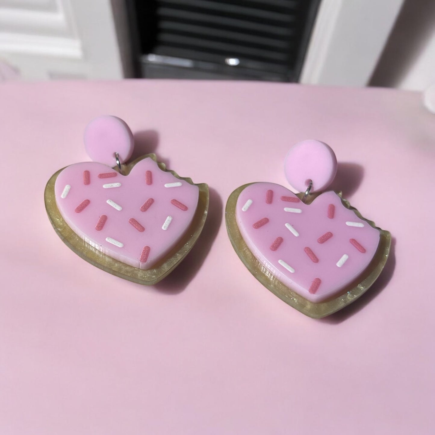 Pink Frosted Cookie Heart Earrings