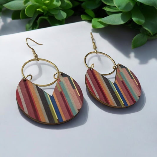 Bold Striped Boho Wood Hoop Earrings