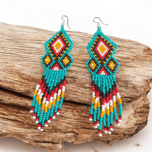 Boho Beaded Fringe Earrings – Turquoise, Red, and Yellow Western Style