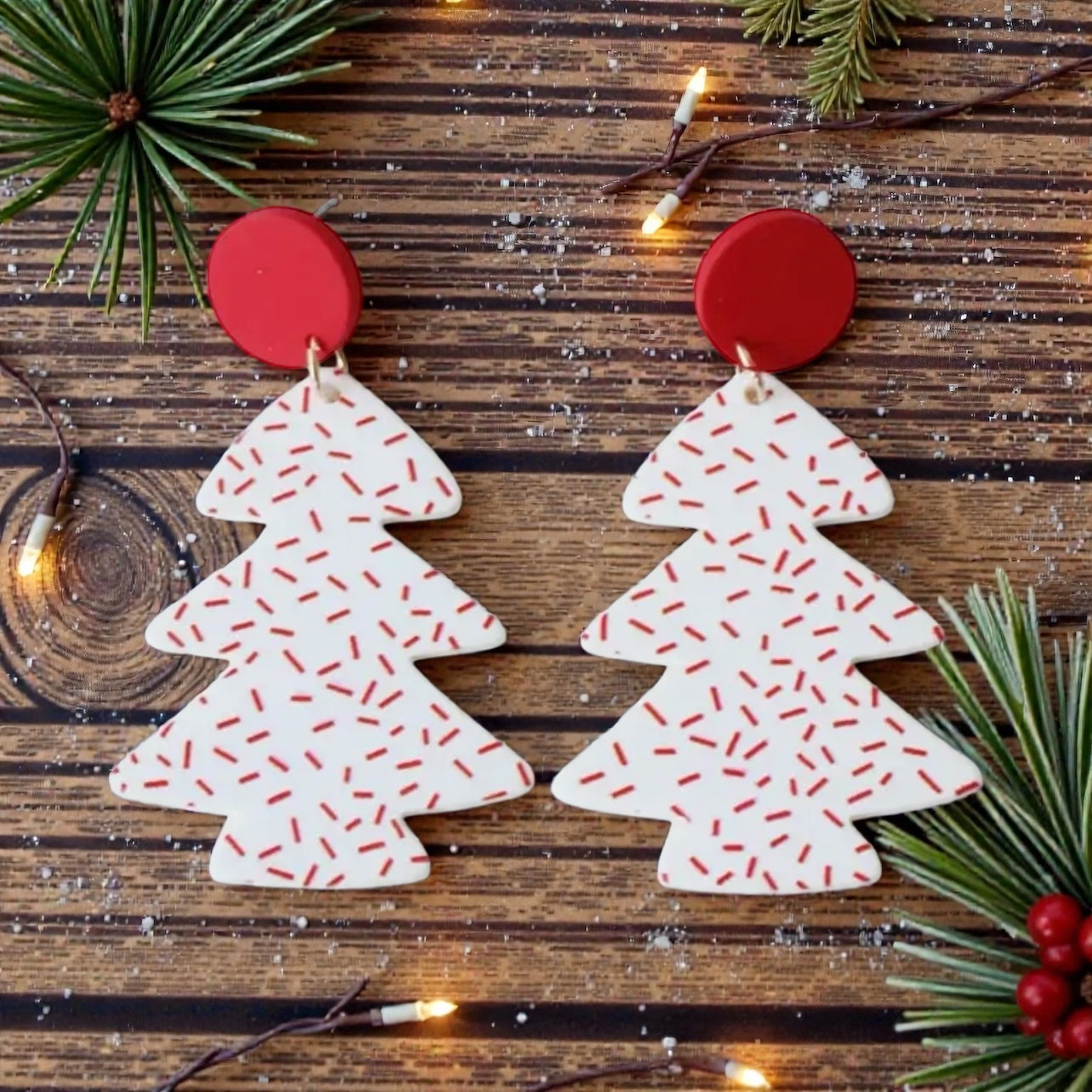 White Christmas Tree Earrings with Red Confetti