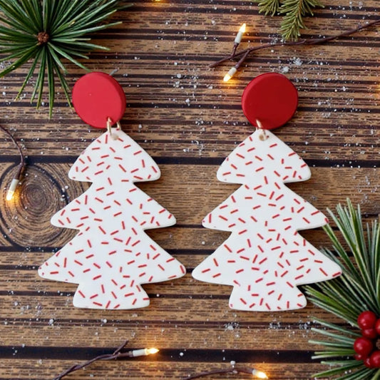 White Christmas Tree Earrings with Red Confetti