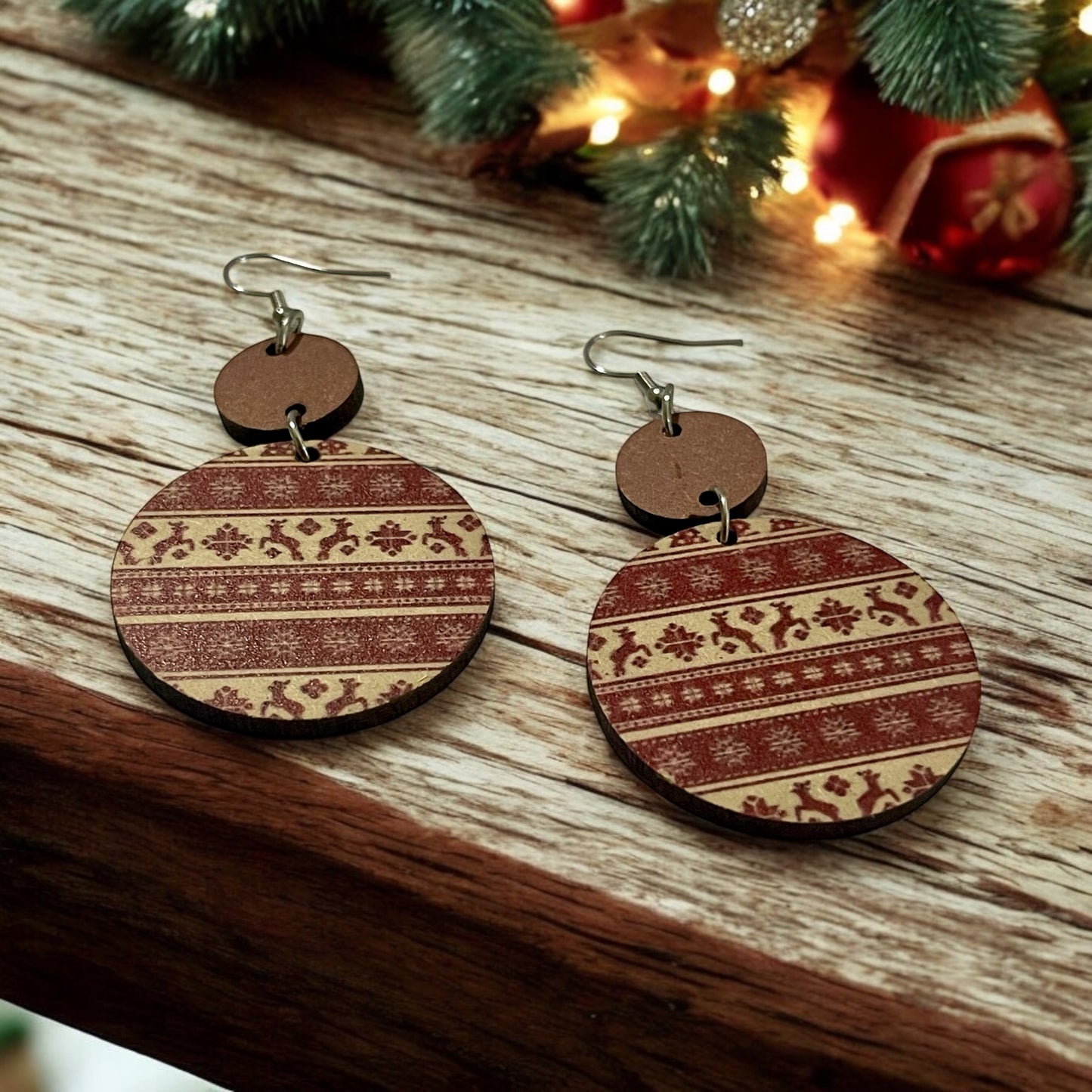 Snowflake Reindeer Round Wood Earrings