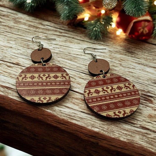 Snowflake Reindeer Round Wood Earrings