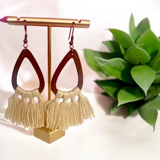 Boho Wood & Cream Tassel Earrings – Natural Teardrop Statement