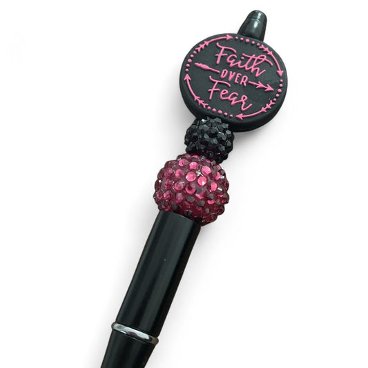 Black Ink Pen – “Faith Over Fear” Beaded Pen with Pink & Black Rhinestone Accents