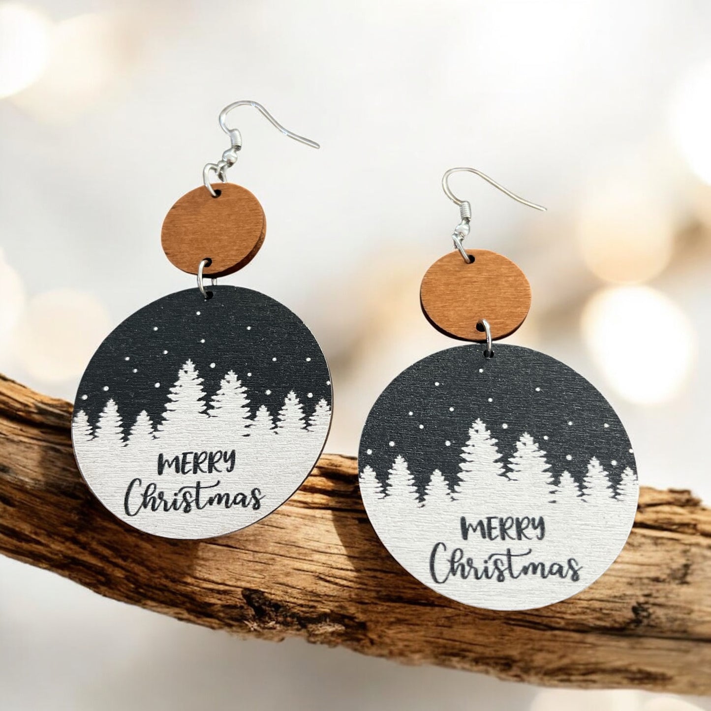 Wooden “Merry Christmas” Earrings