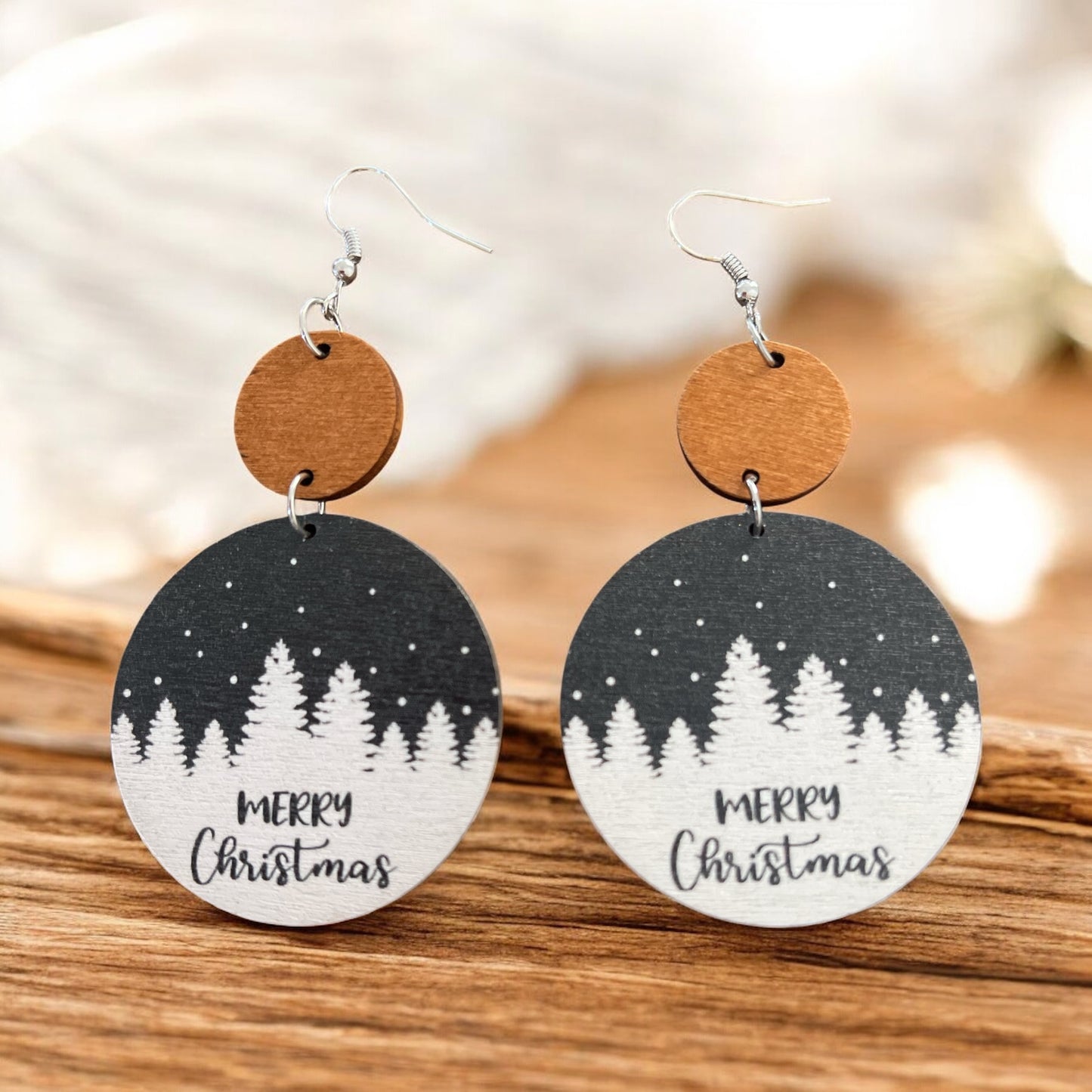 Wooden “Merry Christmas” Earrings