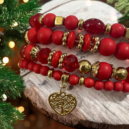 Red Radiance 4-Piece Bracelet Stack – Bold Reds with Gold Accents