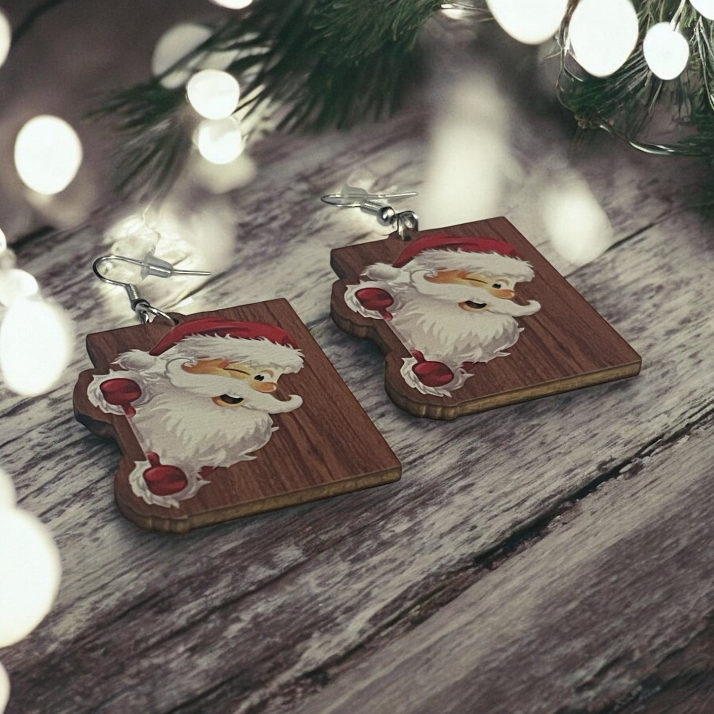 Winking Santa Wooden Earrings – Festive Holiday Fun