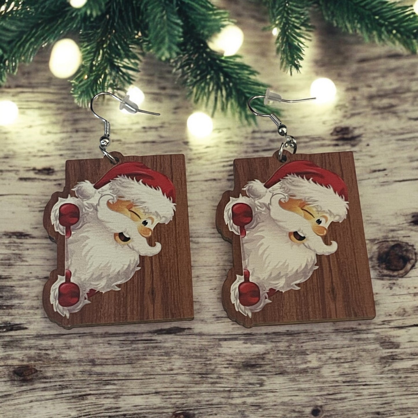 Winking Santa Wooden Earrings – Festive Holiday Fun