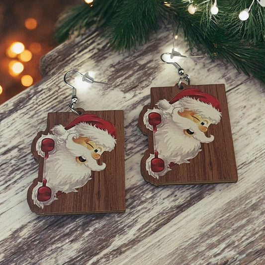 Winking Santa Wooden Earrings – Festive Holiday Fun